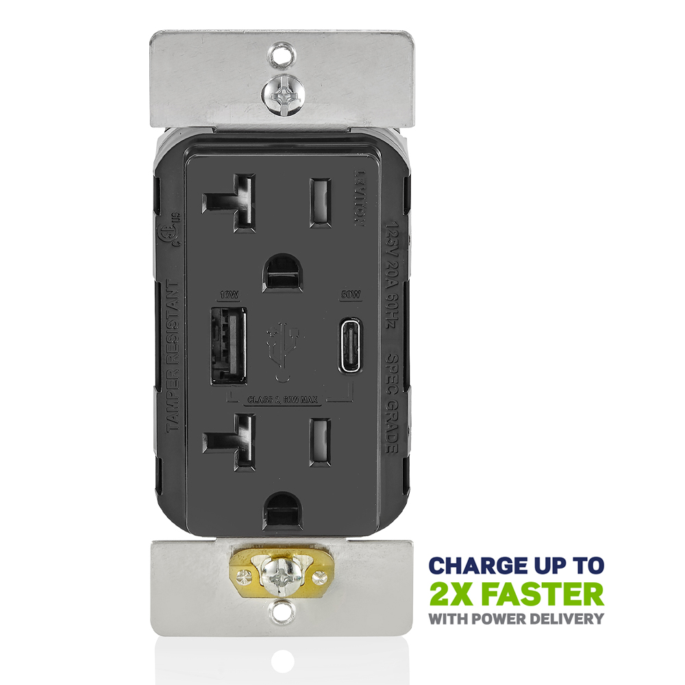 Product image for 60W (20V@2.5A+ 5V@2A) USB Dual Type A/Type-C Power Delivery Wall Outlet Charger with 20A Tamper-Resistant Outlet