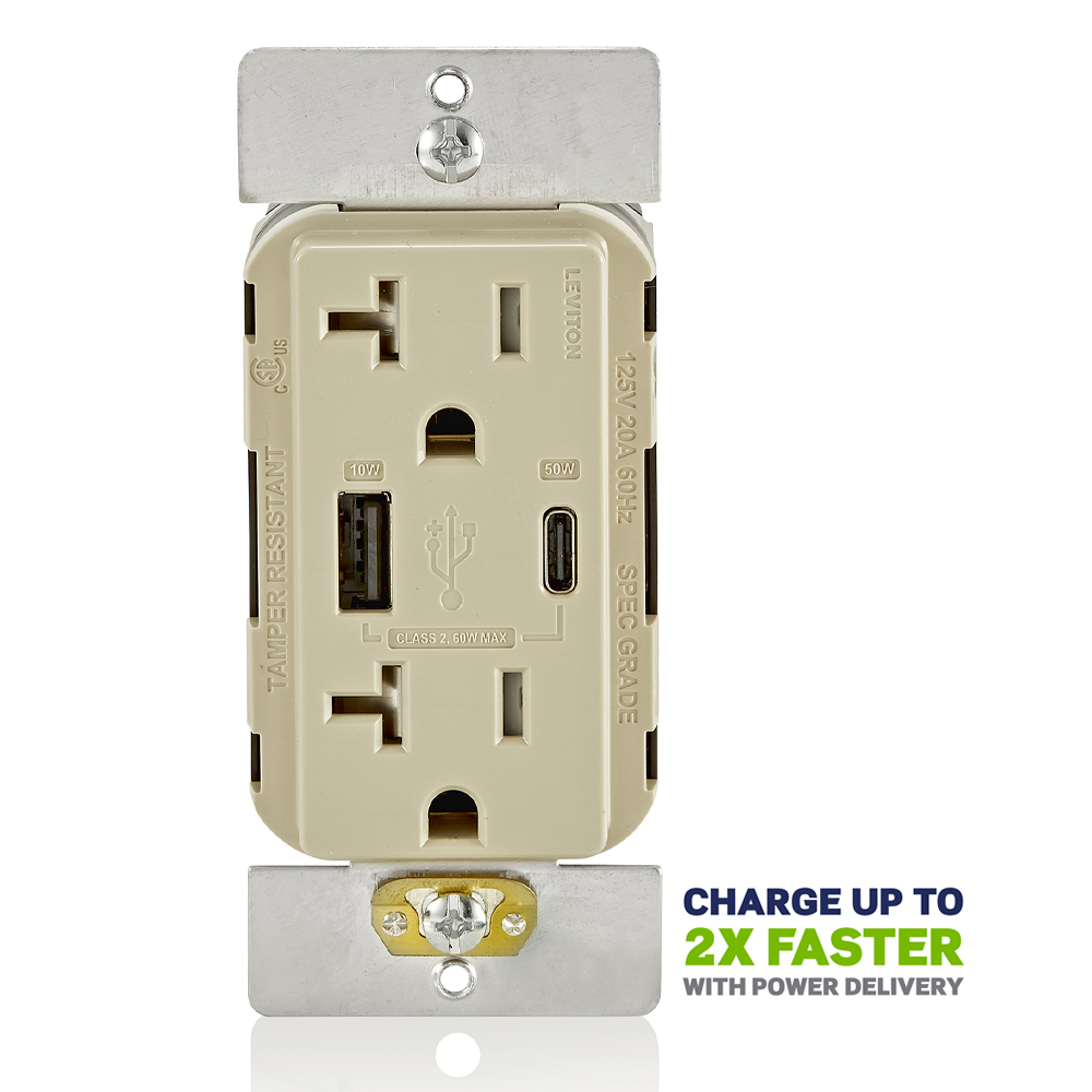 Product image for 60W (20V@2.5A+ 5V@2A) USB Dual Type A/Type-C Power Delivery Wall Outlet Charger with 20A Tamper-Resistant Outlet