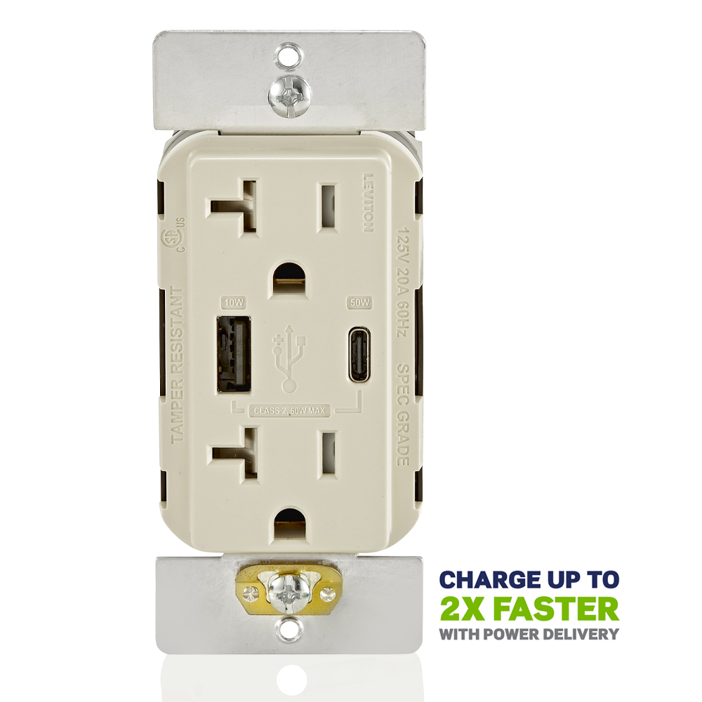 Product image for 60W (20V@2.5A+ 5V@2A) USB Dual Type A/Type-C Power Delivery Wall Outlet Charger with 20A Tamper-Resistant Outlet