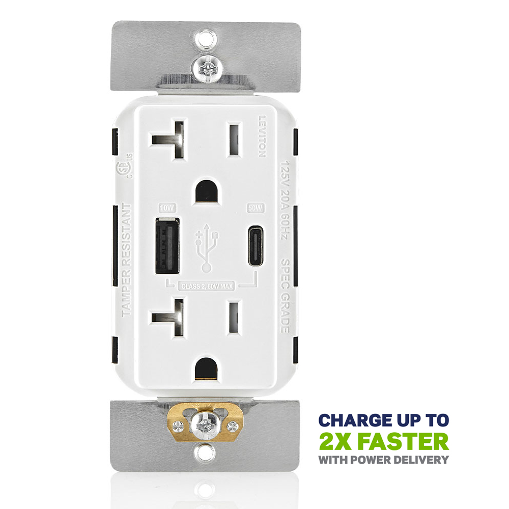 Product image for 60W (20V@2.5A+ 5V@2A) USB Dual Type A/Type-C Power Delivery Wall Outlet Charger with 20A Tamper-Resistant Outlet