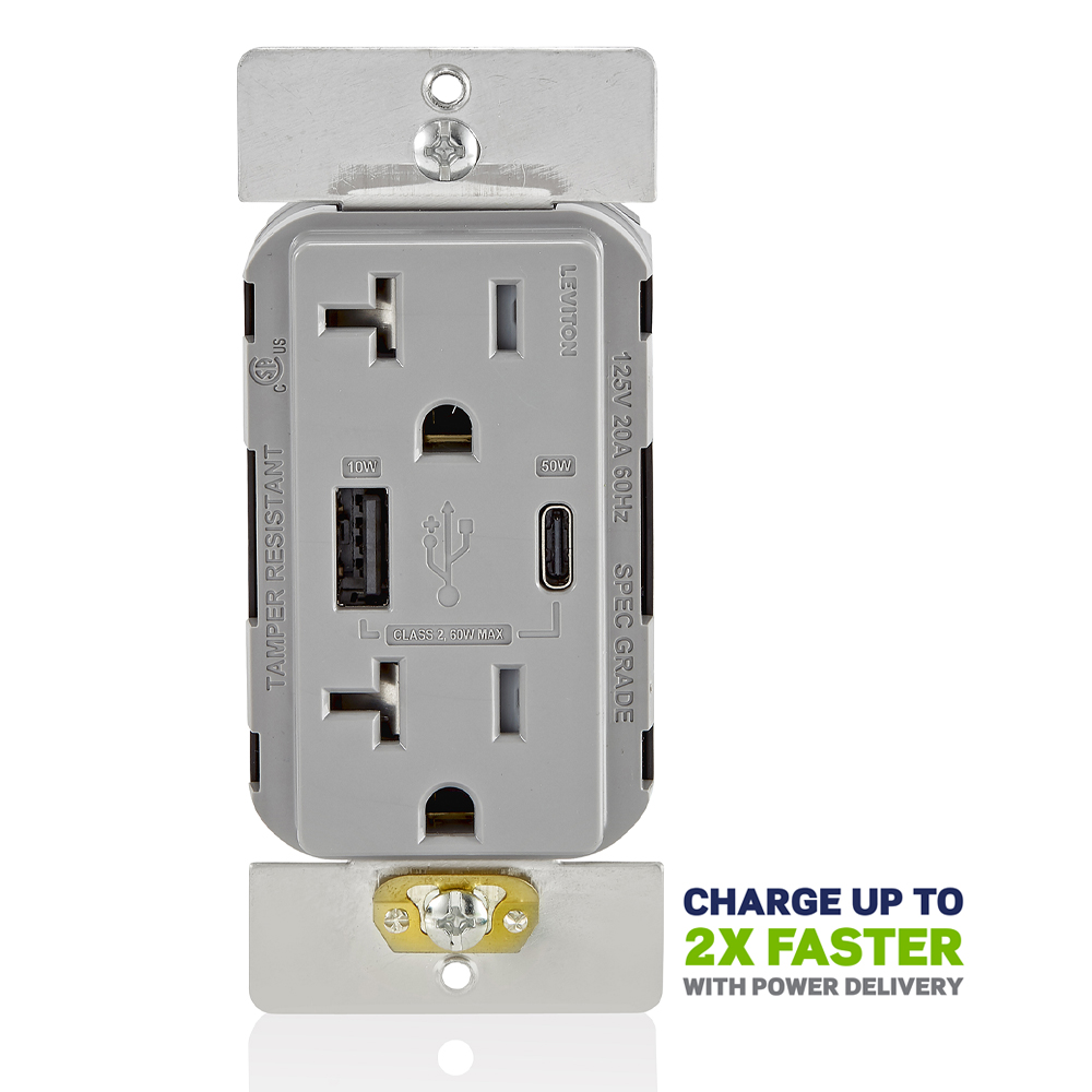 Product image for 60W (20V@2.5A+ 5V@2A) USB Dual Type A/Type-C Power Delivery Wall Outlet Charger with 20A Tamper-Resistant Outlet