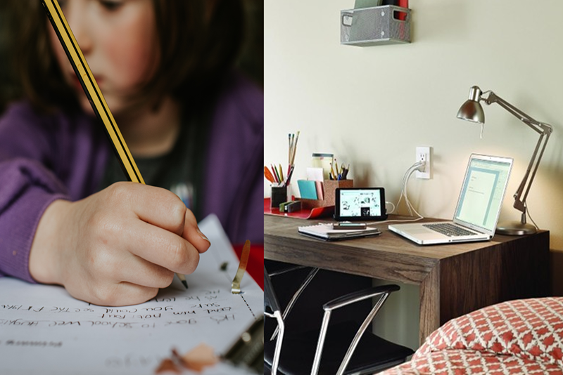 Little girl doing homework and Leviton USB Outlet near study station