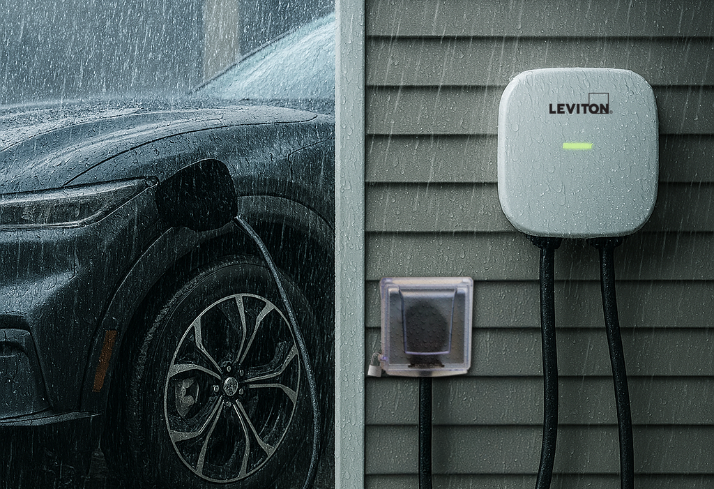 Leviton EV Charger Outlet with Clear Cover in Rain