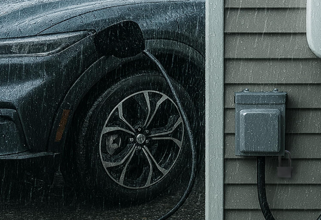 Leviton EV Charger Outlet with Metal Cover in Rain