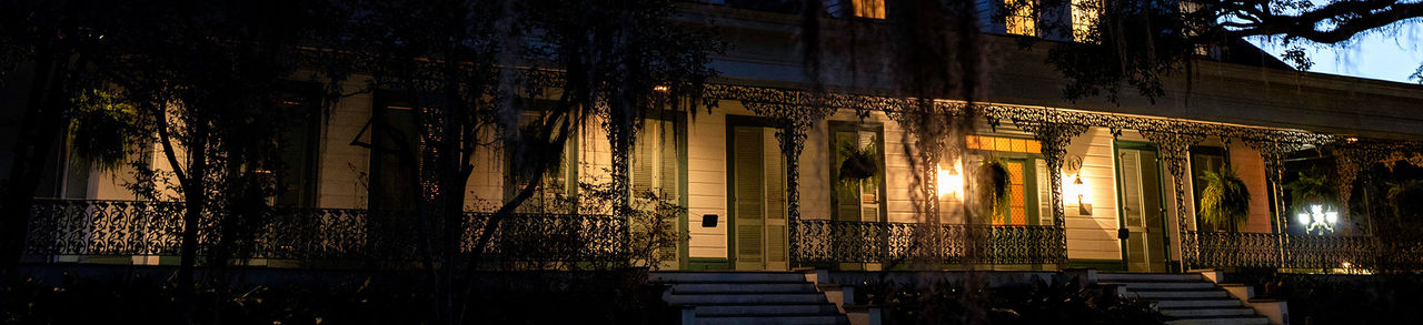 Front porch lit at night